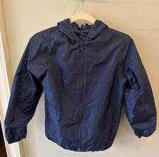 Lands' End Youth Hooded Packable Rain Jacket Deep Sea Navy Windbreaker LG 10-12