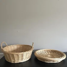 Decorative Woven Round Basket Set Of 2 Handles Tray Decor Storage Organizers