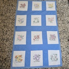 Vintage Hand Embroidered Quilted Months of the Year Floral Sampler Blue 71x44