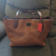 Coach Brown Pebbled Signature Tote Bag Zip Top Lined Double Handles Gold Charm