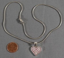 Beautiful Sterling Silver Paver Pink Heart & Necklace 17" Long