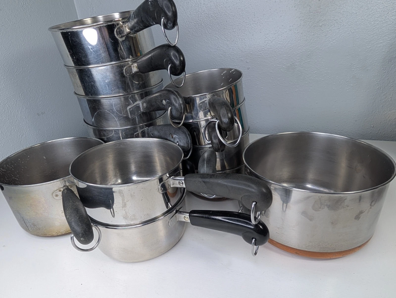 Set Of 13 Vintage Revere Ware Copper Stock Pot Sauce Pan Steamer Lids USA