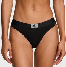 Victoria  s Secret Set of 2 Shine Patch Logo Underwear Thongs Black Small NWT