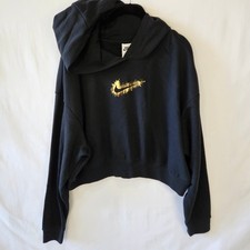 Nike Women's Crop Pullover Black Gold Hoodie DQ6776-010 Large