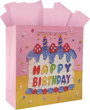 9" Happy Birthday Gift Bag with Tissue Paper, Pink Medium Birthday Gift Bag for