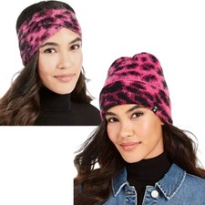 BUNDLE DKNY Women's Fuzzy Animal Printed Soft Knit Beanie Hat  Ear Warmer Pink