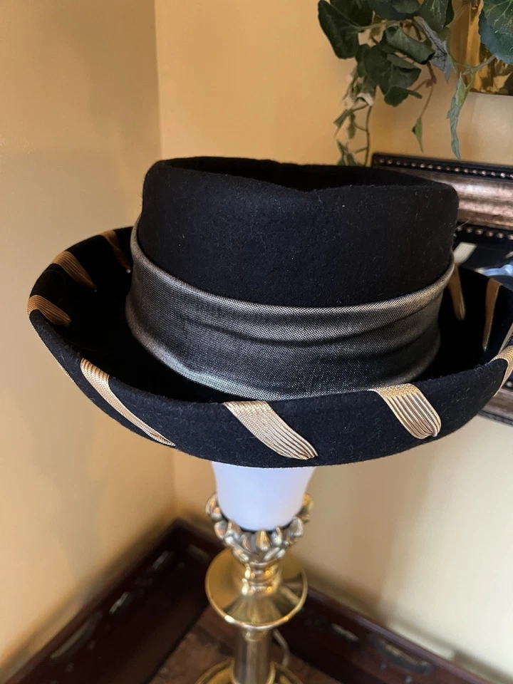 Sombrero Derby Iglesia Lana Negro Hecho para Boda EE. UU. Borde Dorado Bollman Foto 2 de 4