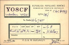 QSL radio card YO8CF 1965 Bucharest Romina Romania USSR Jean