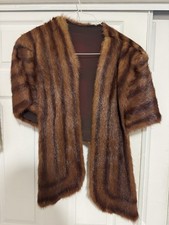 Vintage Brown Mink Fur Cape Shawl Bolero Stole Wrap Let-Out Striped Midcentury