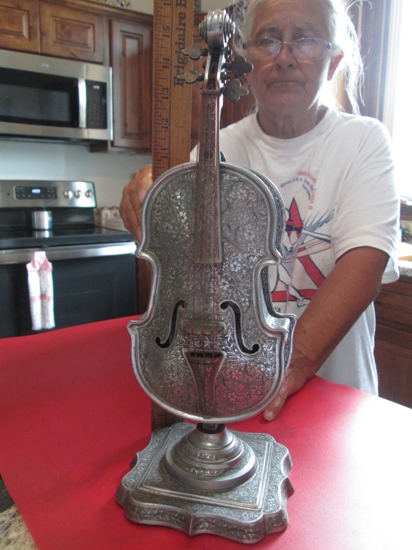 Large Rare Antique Figural VIOLIN - SILVER Plated - THORENS - MUSIC BOX  15 in