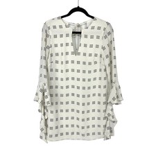 C/MEO Collective Women's SZ S V-Neck Ruffled Sleeve Spelt Out Shift Dress White