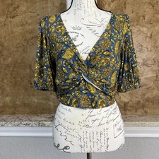 NWT Boden Cropped Twist Detail Top Women 12 Puff Sleeve Floral Paisley Blue Gold