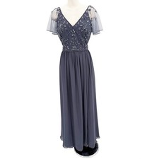 Adrianna Papell Platinum Beaded Flutter Sleeve Gown Charcoal Gray 14 Dress