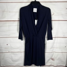 SLSF Sarah Liller Clara Dress Women XS Blue Solid Faux Wrap Knit Pockets Minimal