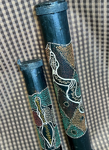 2 Hand Painted Black Bamboo Rainmaker Rain Stick 12" 16" Snake Serpent Platypus