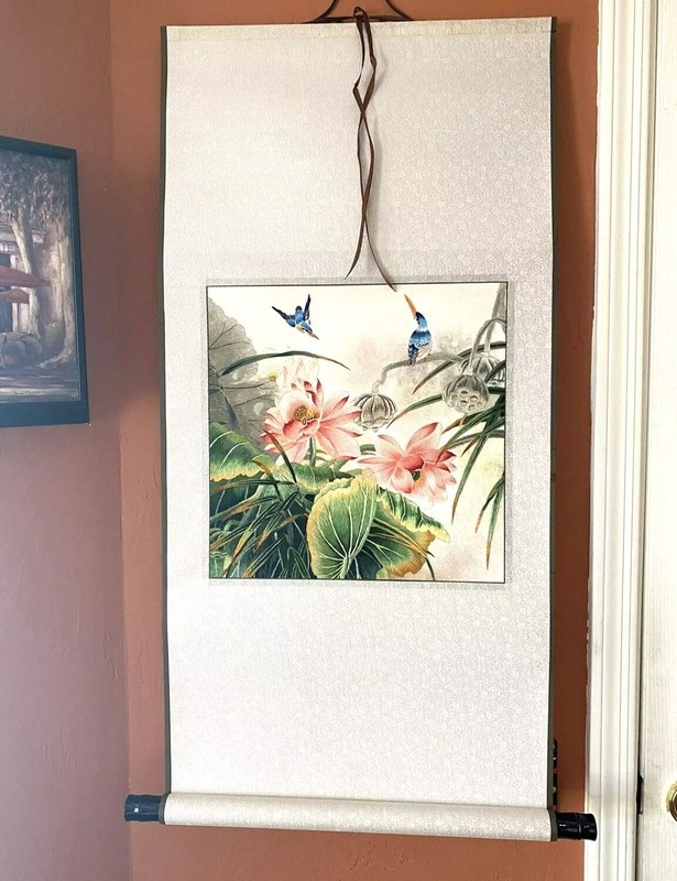 Japanese Kakejiku Silk Hanging Scroll Happy Birds Flower Embroidered 36X18 W Box