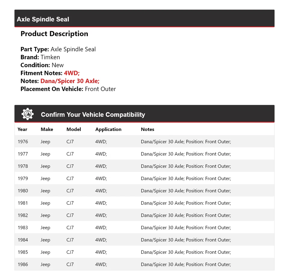Para Jeep CJ7 1976-1986 4x4 eje husillo sello delantero exterior Timken 1977 1978 1979 Foto 2 de 4