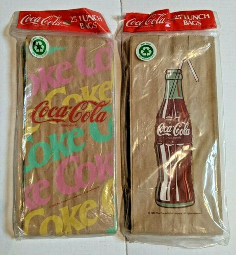 2 packs Vintage 1991 (25) Coca-Cola Lunch Paper Lunch Bags (2 different designs)