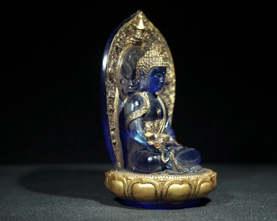 Old Tibet Amitabha Medicine Buddha Shakyamuni Statue Chinese Colored Glaze Liu L - Image 2 of 4