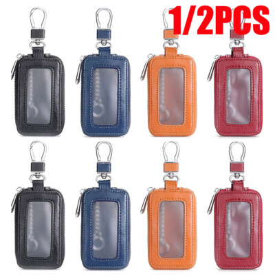 1/2Pcs Car Key Holder Cover Key Chain Bag Genuine Leather Remote Fob Zipper Case