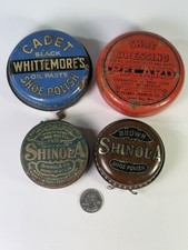 GREAT LOT OF 4 ANTIQUE SHOE SHINE ADVERTISING TINS SHINOLA CADET PECARD VARIETY