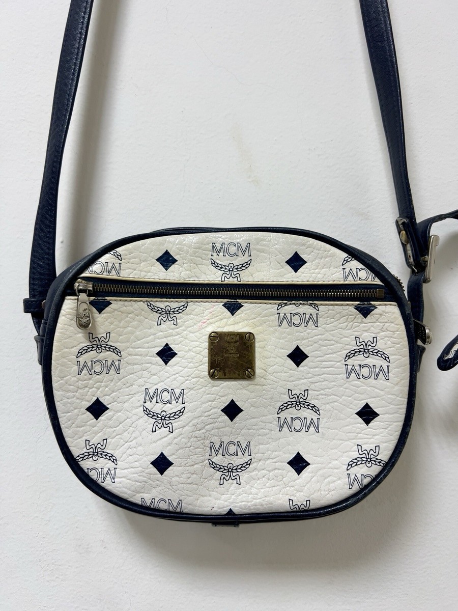 MCM Vintage Dark Blue & White Monogram Leather Shoulder Bag | eBay