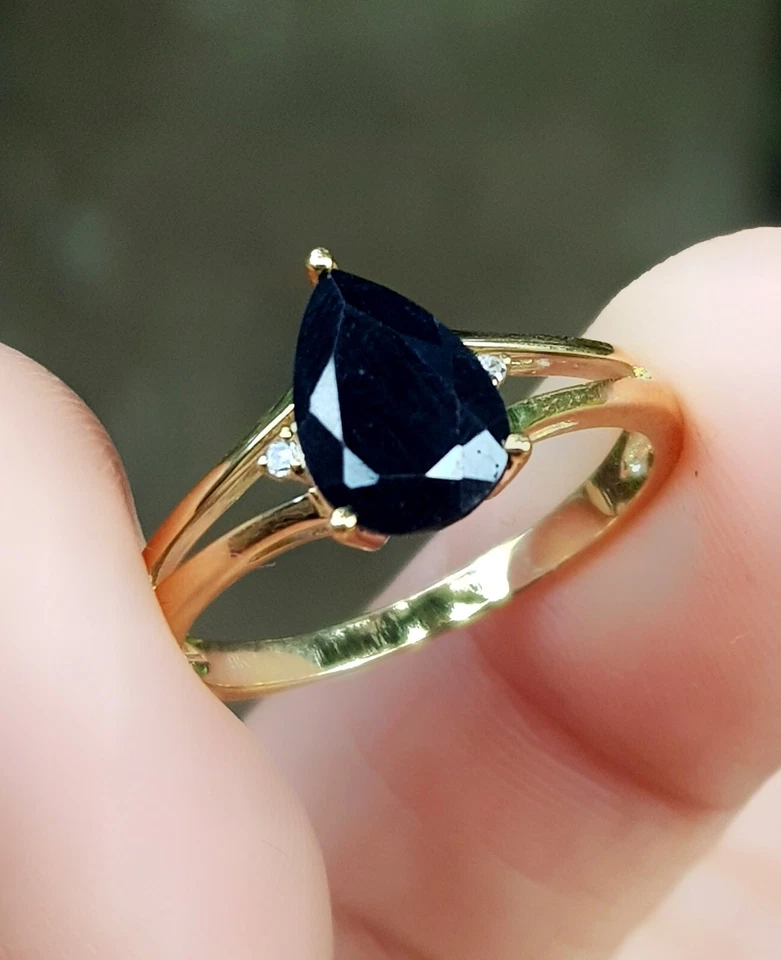 1.36ct Natural Black Sapphire Diamond Solid Yellow 9K Gold Ring Dress Cocktail - image 4 of 4