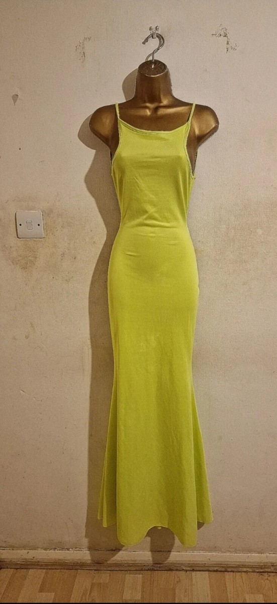 Neon Green Halterneck Backless Frill Ruffle Fishtail Mermaid Maxi Dress UK  8 10