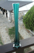 Vtg.Tall Bohemian Turquoise Blue Hexagonal Glass Vase 15 3/4"