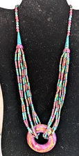 VTG Multicolor  Multi Strang Beaded 22.5" Boho Pendant Statement Necklace