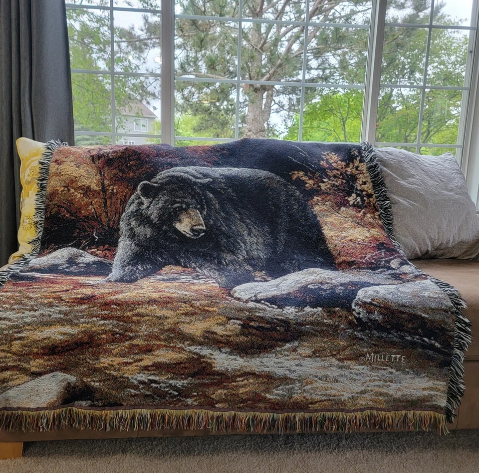 Manta con flecos rústica acogedora cabaña Shabby Chic tapiz bosque de osos negros Foto 4 de 4