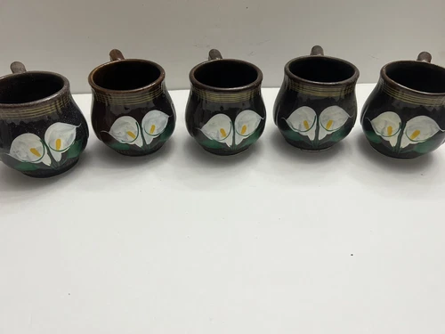 Floral Coffee Mugs Hand Painted Set Of Five Brown and White Heavy Vintage MCM
