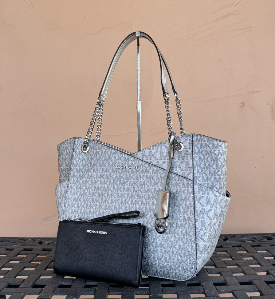 MICHAEL KORS JET SET LG CHAIN SHOULDER TOTE BAG MK SILVER + DOUBLE