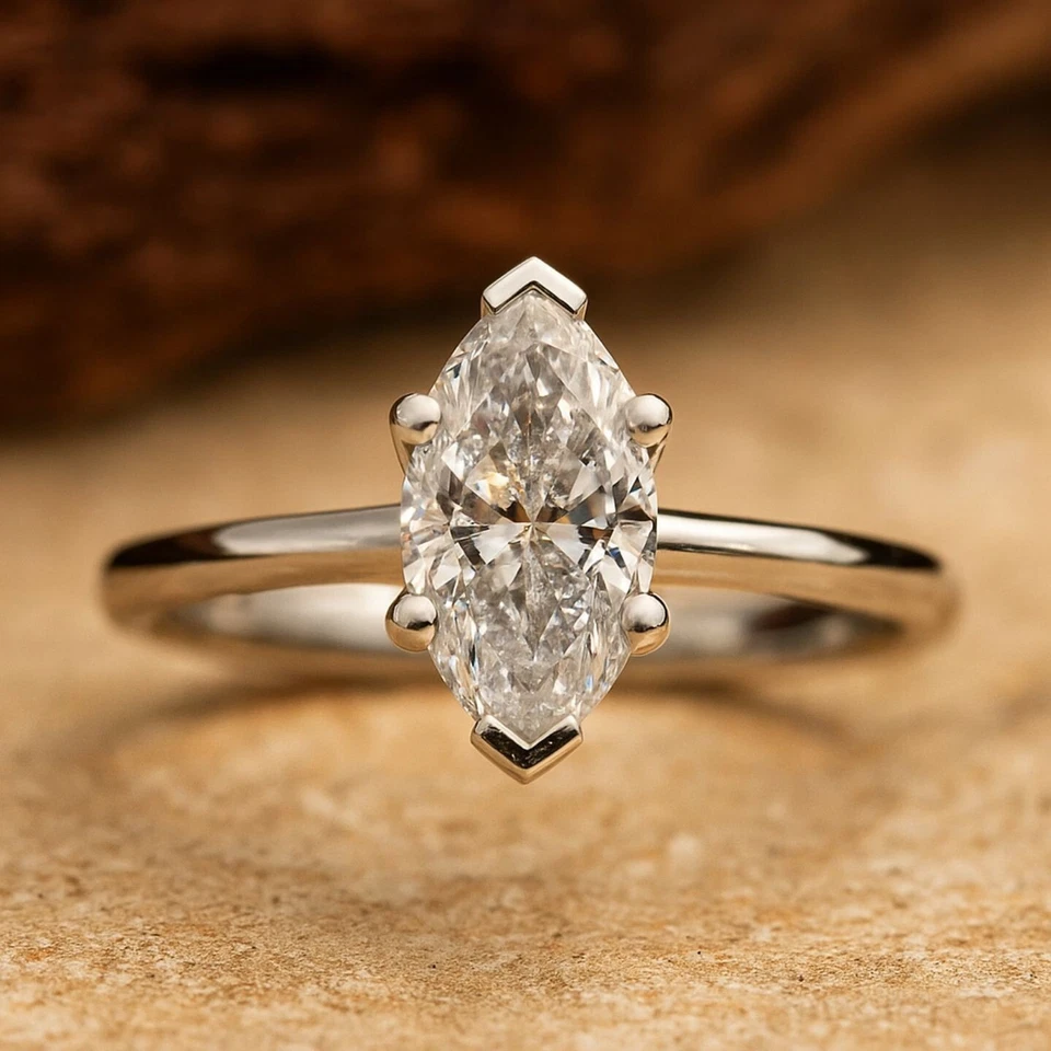 Anillo solitario de diamantes cultivados en laboratorio marquesa de 0,50 quilates con certificación IGI D/VVS1 de última pieza Foto 2 de 4