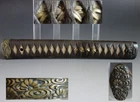 Tsuka handle bamboo leaf menuki kiku water fuchi kashira samurai sword fitting