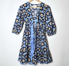 Mari Gold Floral Dress XS Cut Out Tie Front 3/4 Balloon Ruffle Cotton Cottage