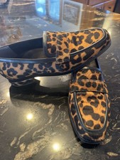 Vionic Women's Sellah Tan black cow hide real fur Leopard Loafers size 8.5