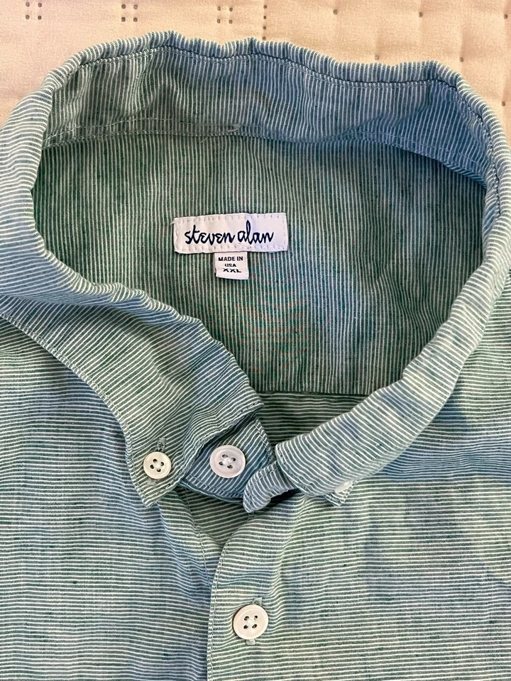 Camisa Steven Alan Para Hombres XXL Verde Claro Rayas Hecha en EE. UU. Mezcla de Algodón y Lino Foto 2 de 4