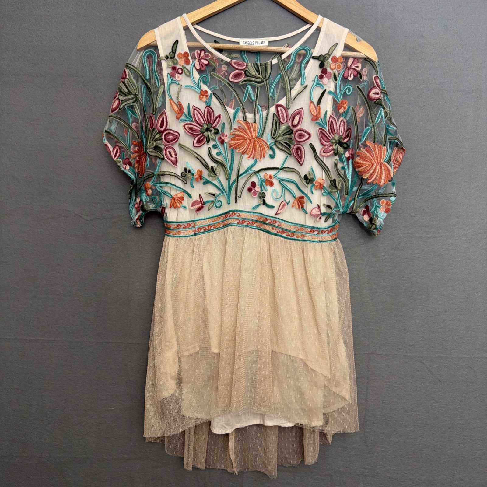 Tassels N Lace embroidered floral Tulle tunic top Sz S neutral Mesh Boho Fairy
