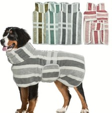 DOG CAT PET TOWELLING DRESSING GOWN DRYING ROBE COAT STRIPE BROWN GREY RED GREEN