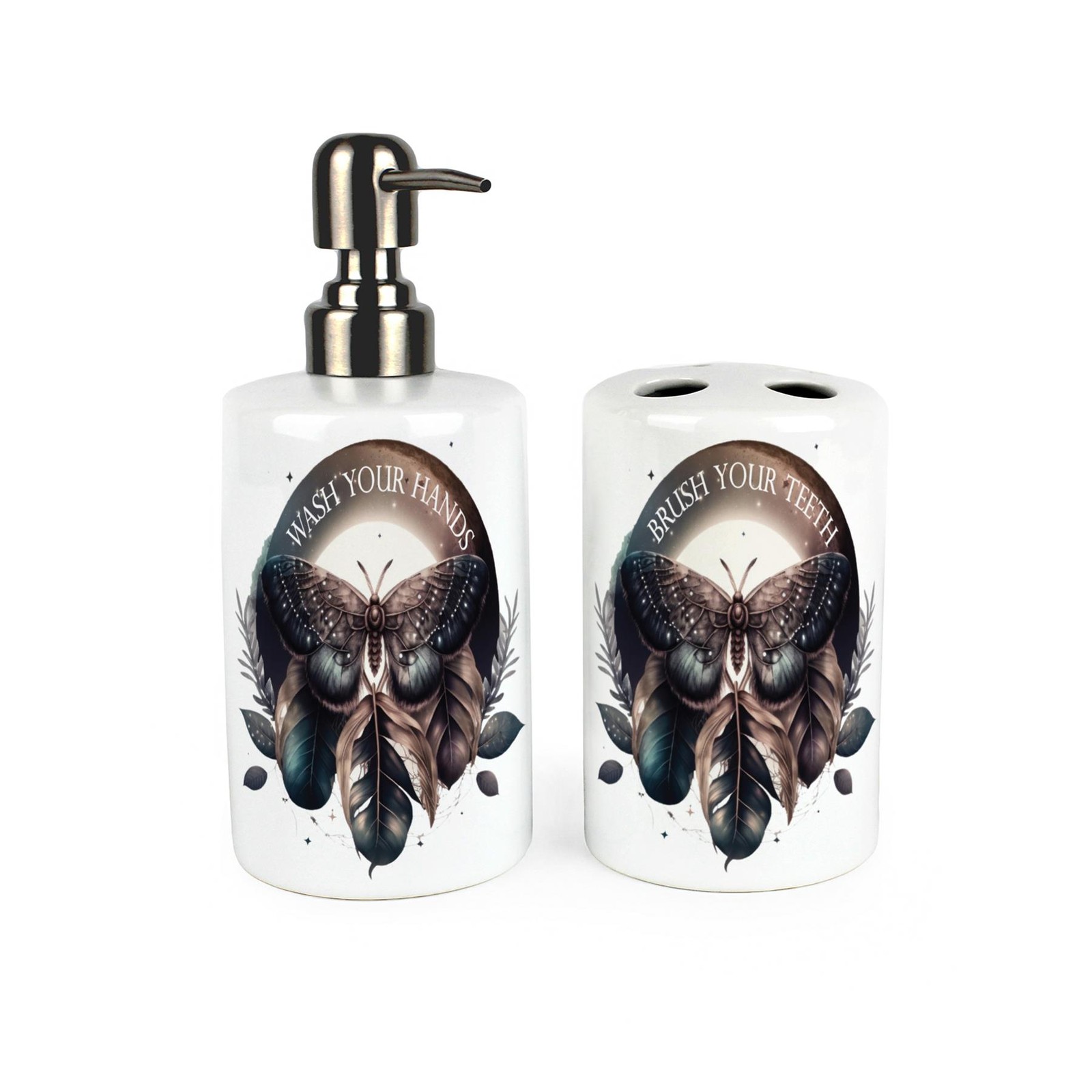 Gothic Moth Bathroom Set - Dark Decor Ceramic Soap Bottle & Toothbrush Holder