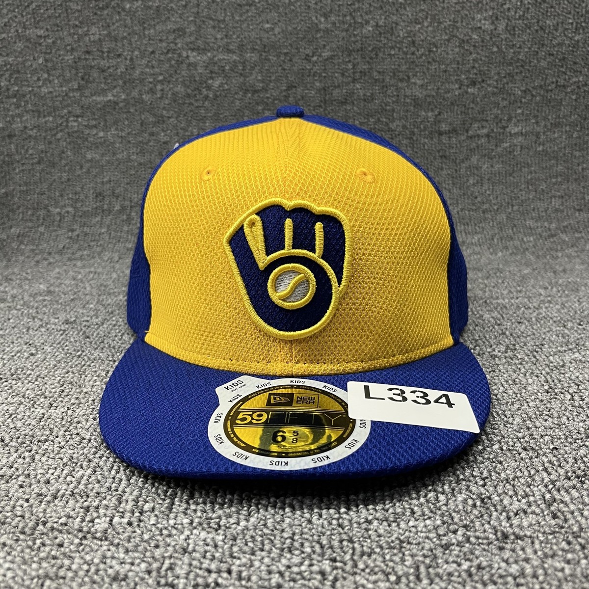 New Era 59FIFTY Milwaukee Brewers Kids Fitted Hat 6 5/8 Yellow Blue Glove Logo