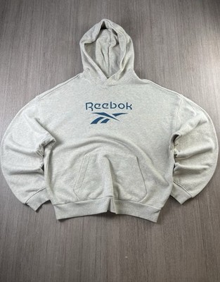 Vintage Reebok Hoodie Sweatshirt Big Logo Grau Spellout Pullover Herren Gr. M