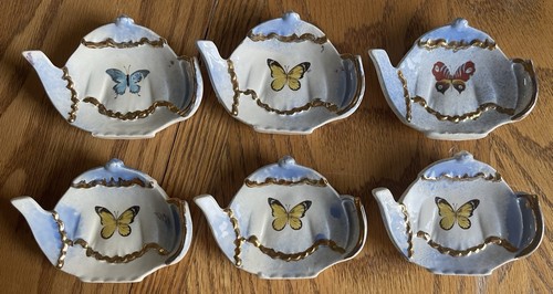 Vtg Hand Painted Gold Trimmed Porcelain Tea Bag Holders Tea Pot Shaped Set of 6 - Picture 1 of 3