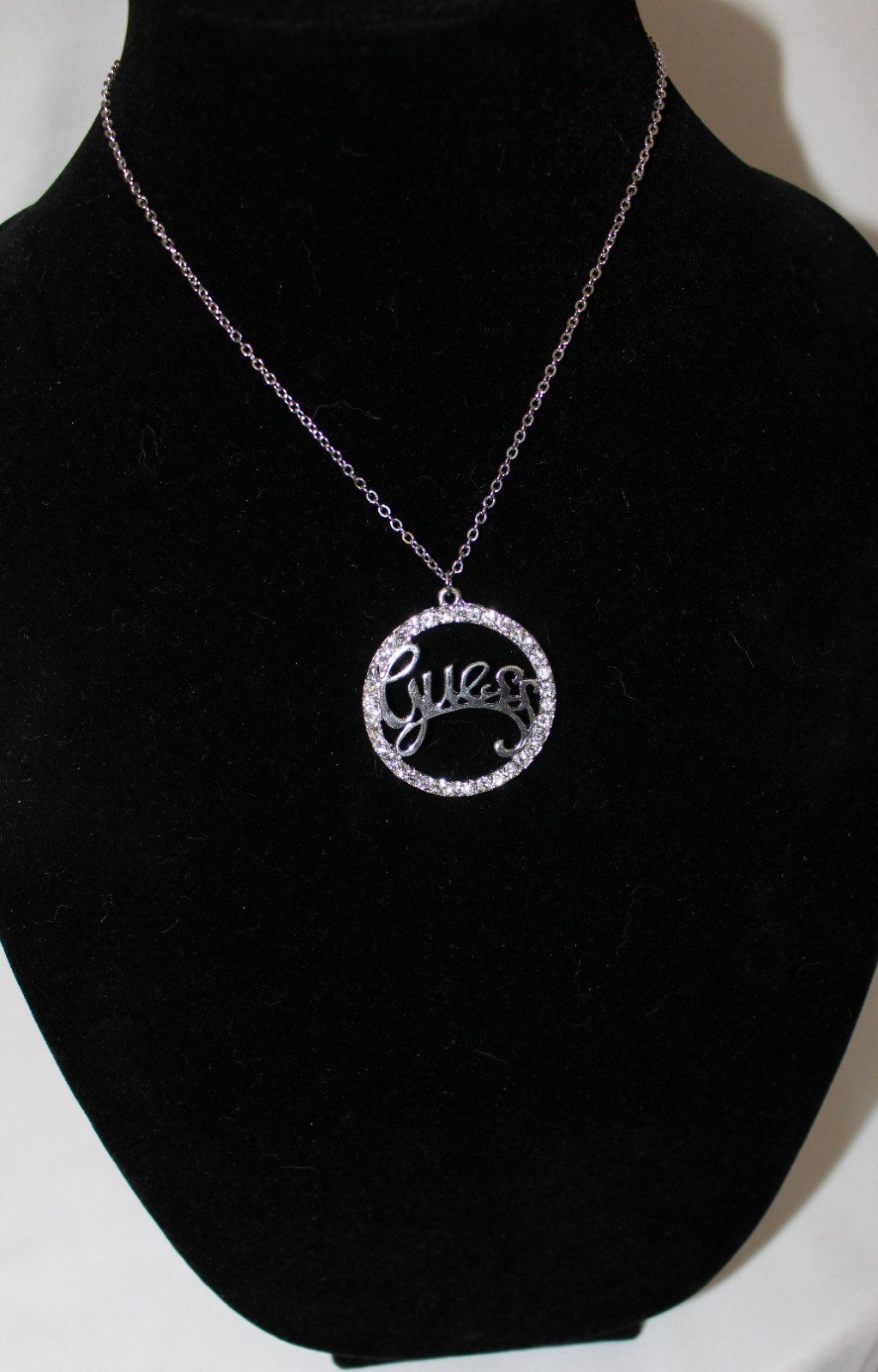 Estate Vintage Guess Silvertone Rhinestone Pendan… - image 1