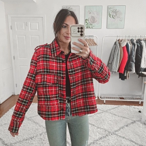 Chaqueta corta informal a cuadros de tweed de Zara talla L Foto 3 de 4