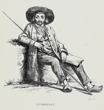 Gravure ancienne d'un auvergnat assis en costume traditionnel, chapeau et sabots