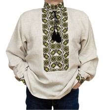 Ukrainian VYSHYVANKA for men beige linen shirt hand green floral Embroidery