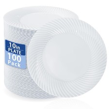 10 Inch White Plastic Plates,100 Count Disposable Heavy Duty Dinner Plates,Du...