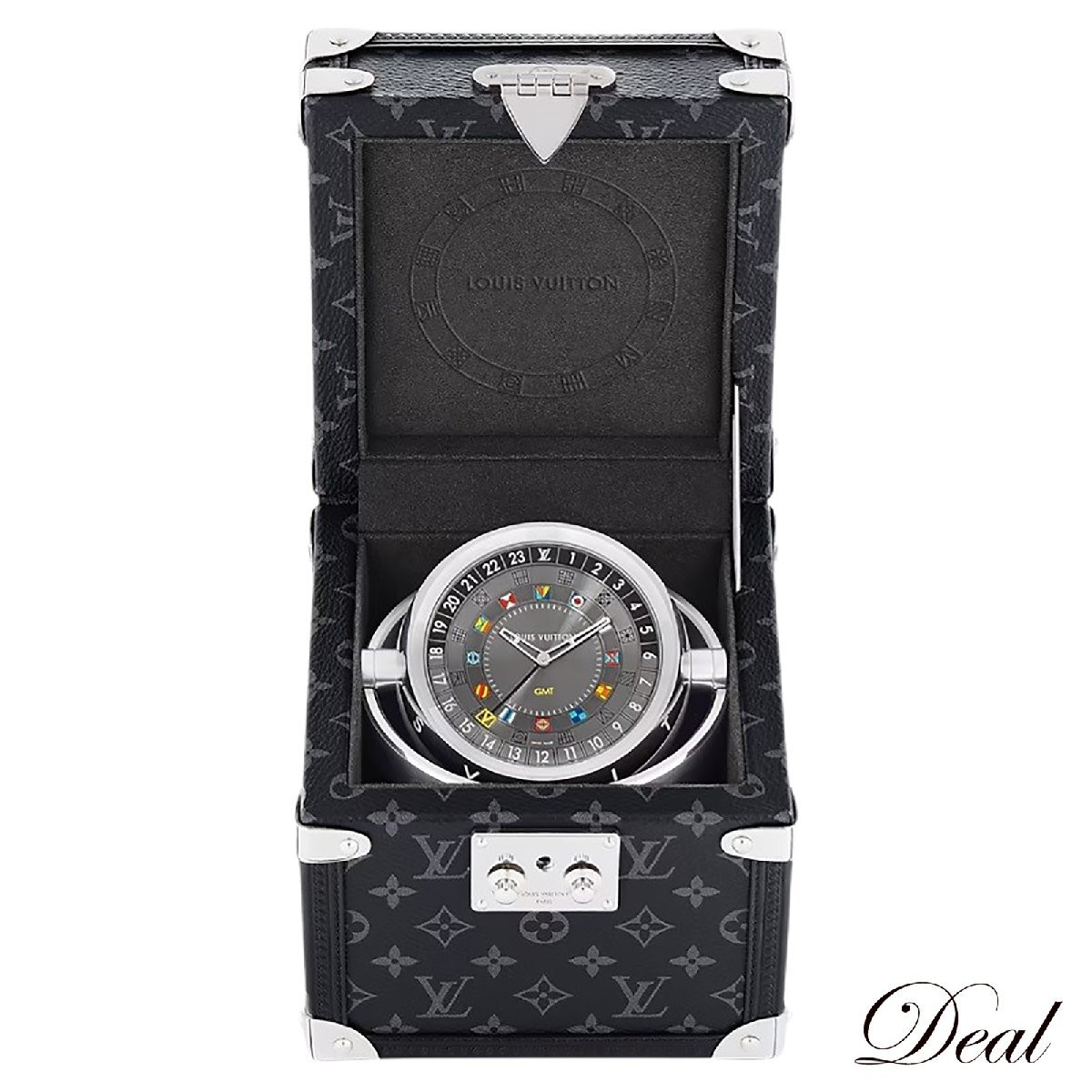 LOUIS VUITTON - ルイヴィトン LOUIS VUITTON タンブール デュアル タイム テーブルクロック トランク Q1Q030 GMT クォーツ 置き時計 Tambour VLP 90252422 ルイ·ヴィトン】「タンブール デュアル·タイム テーブルクロック